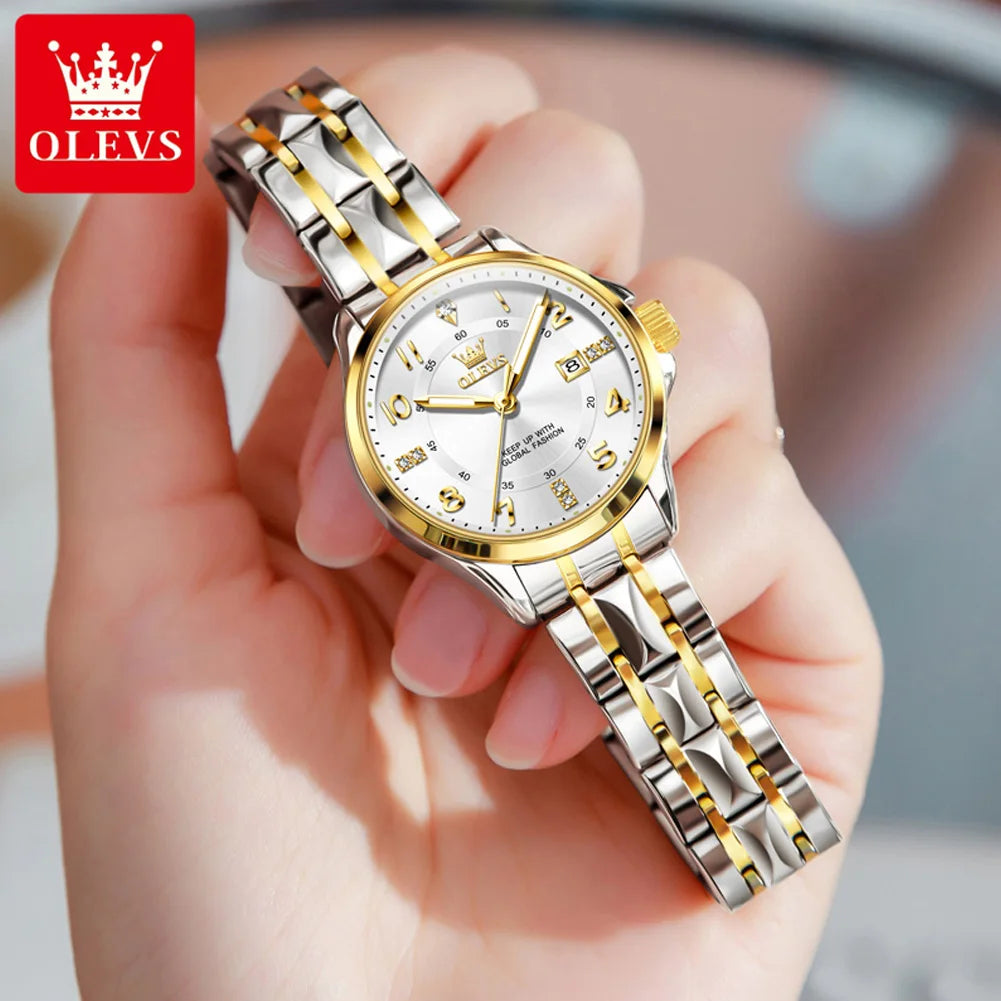 OLEVS Women's Watches Elegant Temperament Original Quartz Watch for Ladies Stainless Steel Waterproof Luminous Date Fashion - All About Variety