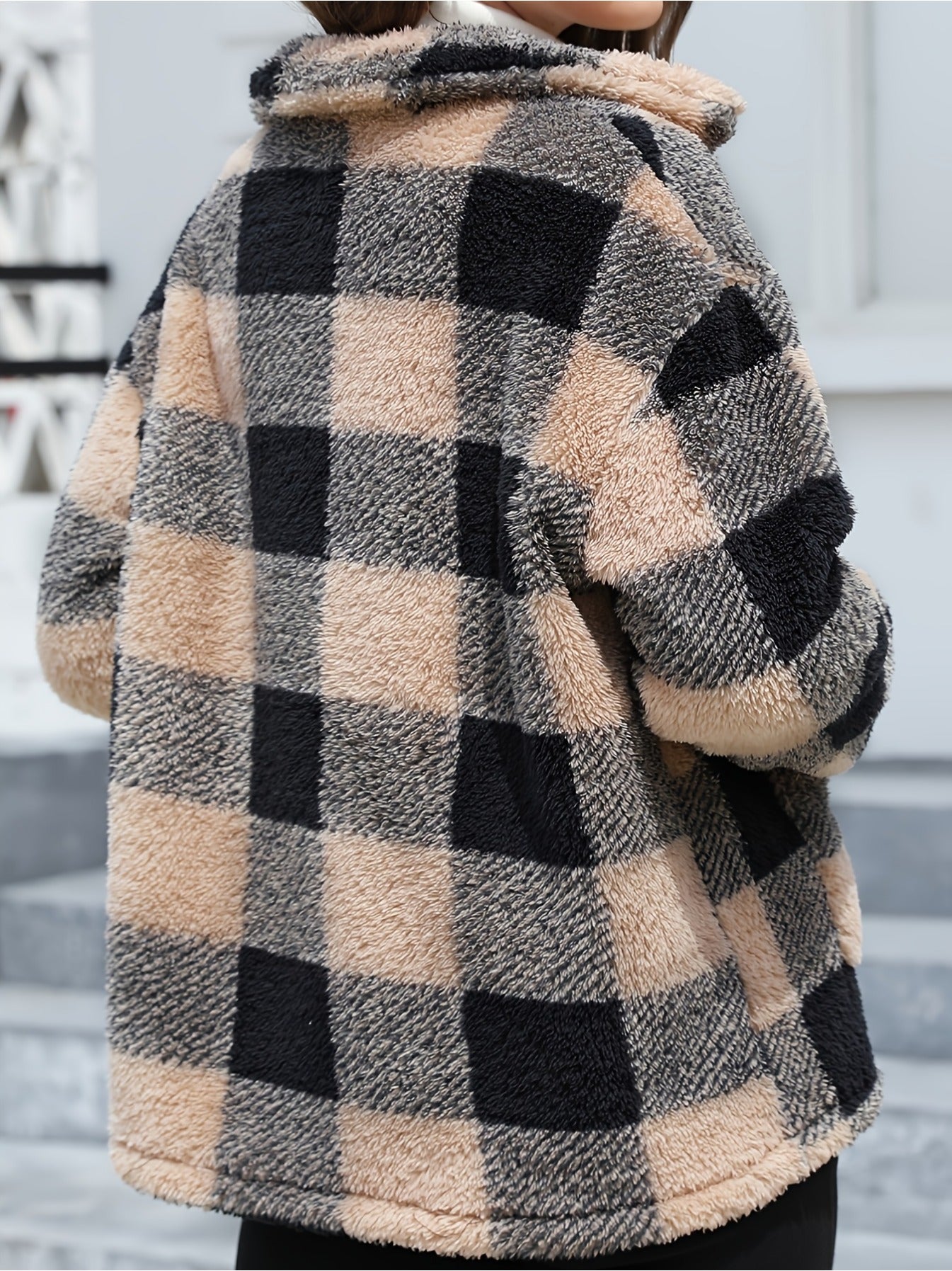 Plaid Patchwork Pocket Plush Coat