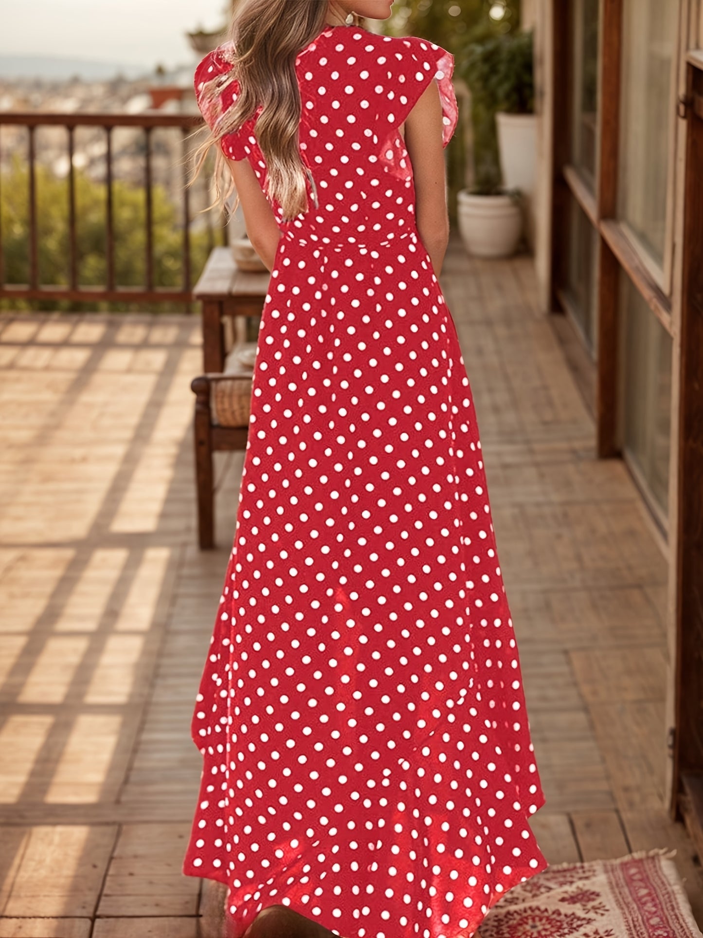 Women's A-Line Dot Polka Print Long Dress V-Neck Wedding Guest, Graduation, Party Maxi Dress