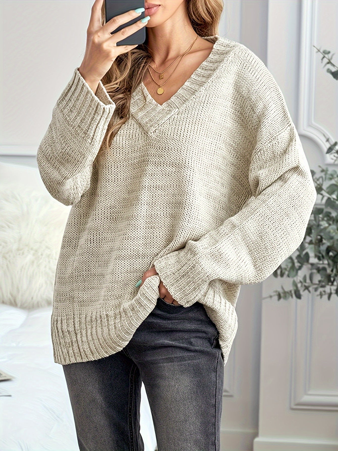 V-Neck Knit Pullover Sweater - Soft, Casual, Long Sleeve