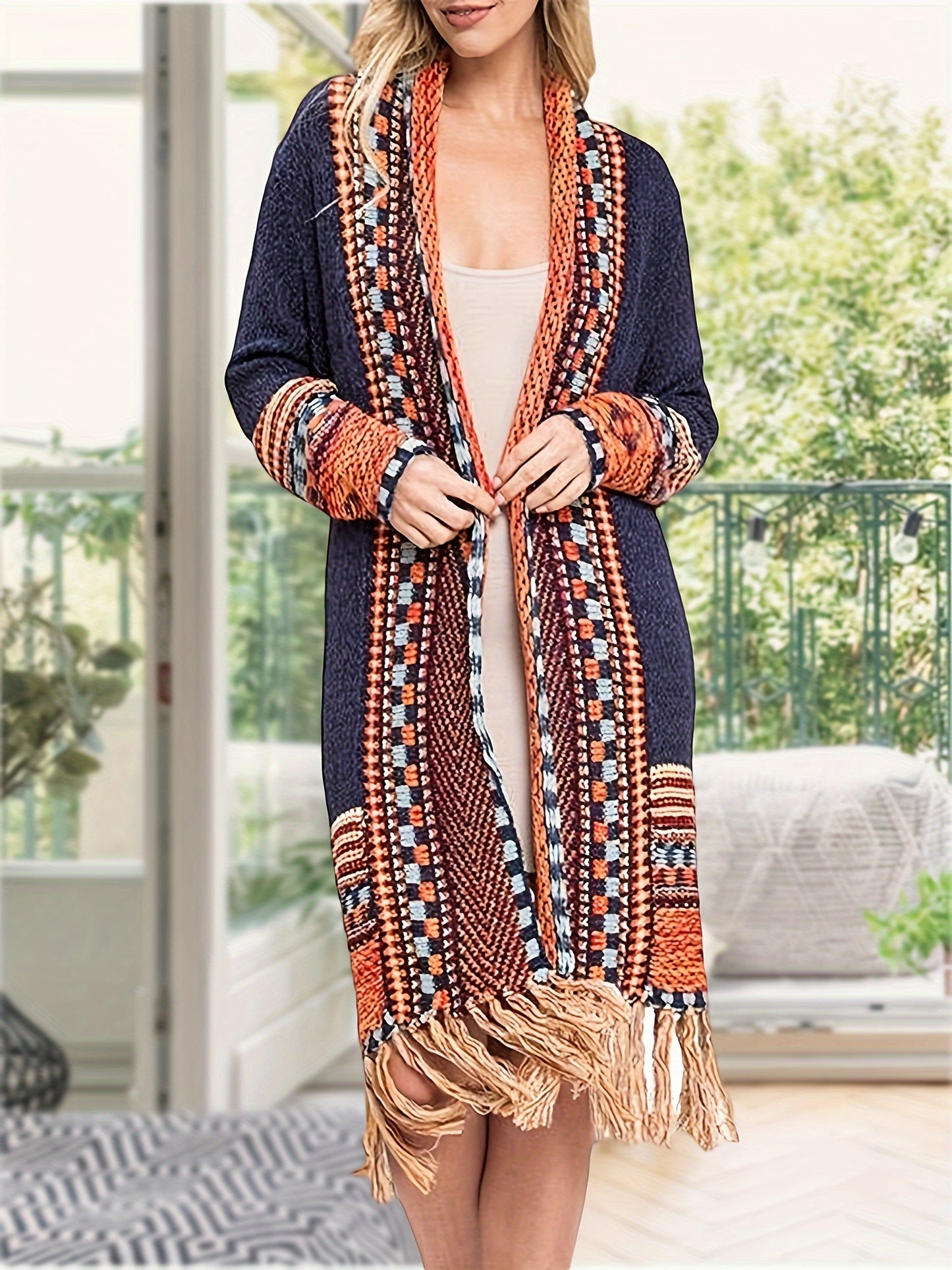 Cardigan Sweater Long Open Front Aztec Tribal