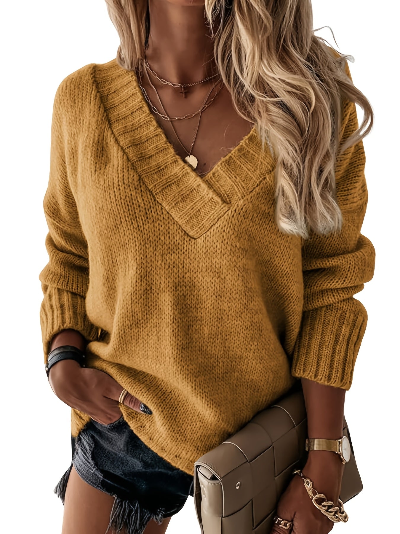 Solid Knitted Womens Sexy V Neck Loose Sweater