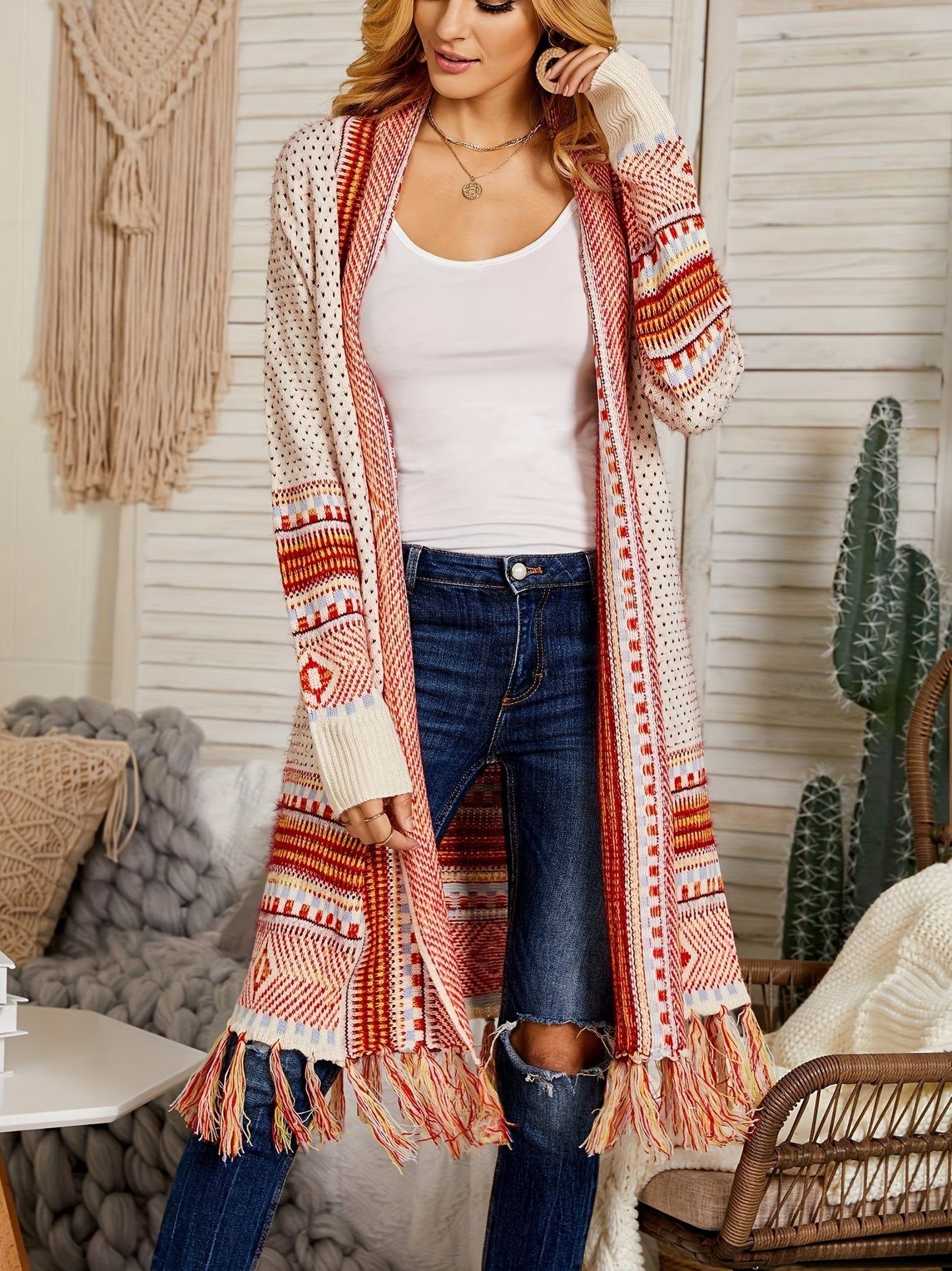 Women Boho Cardigan Sweater Long Open Front