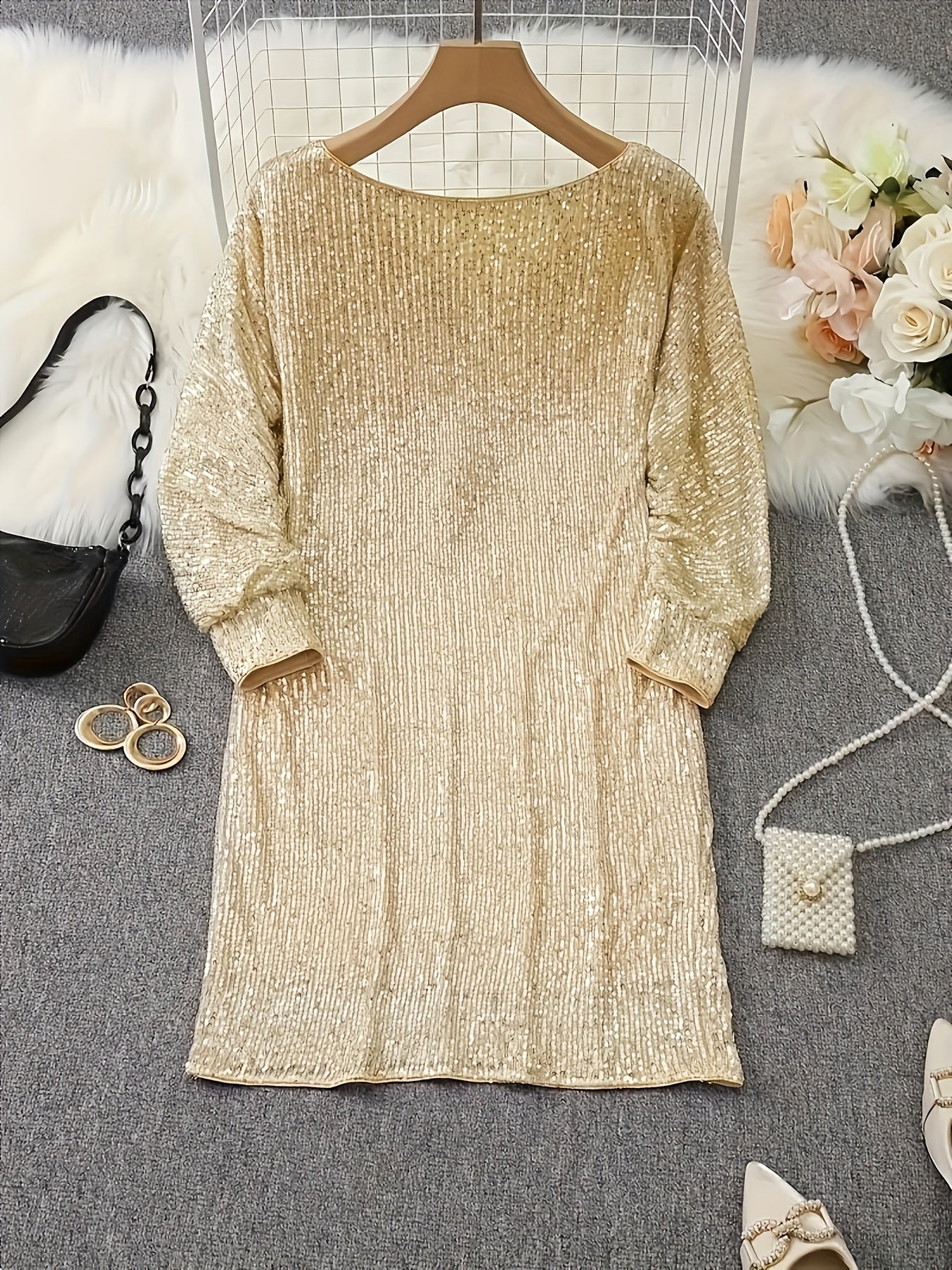 Long Sleeved Sparkling V-neck Loose Shoulder Mini Dress