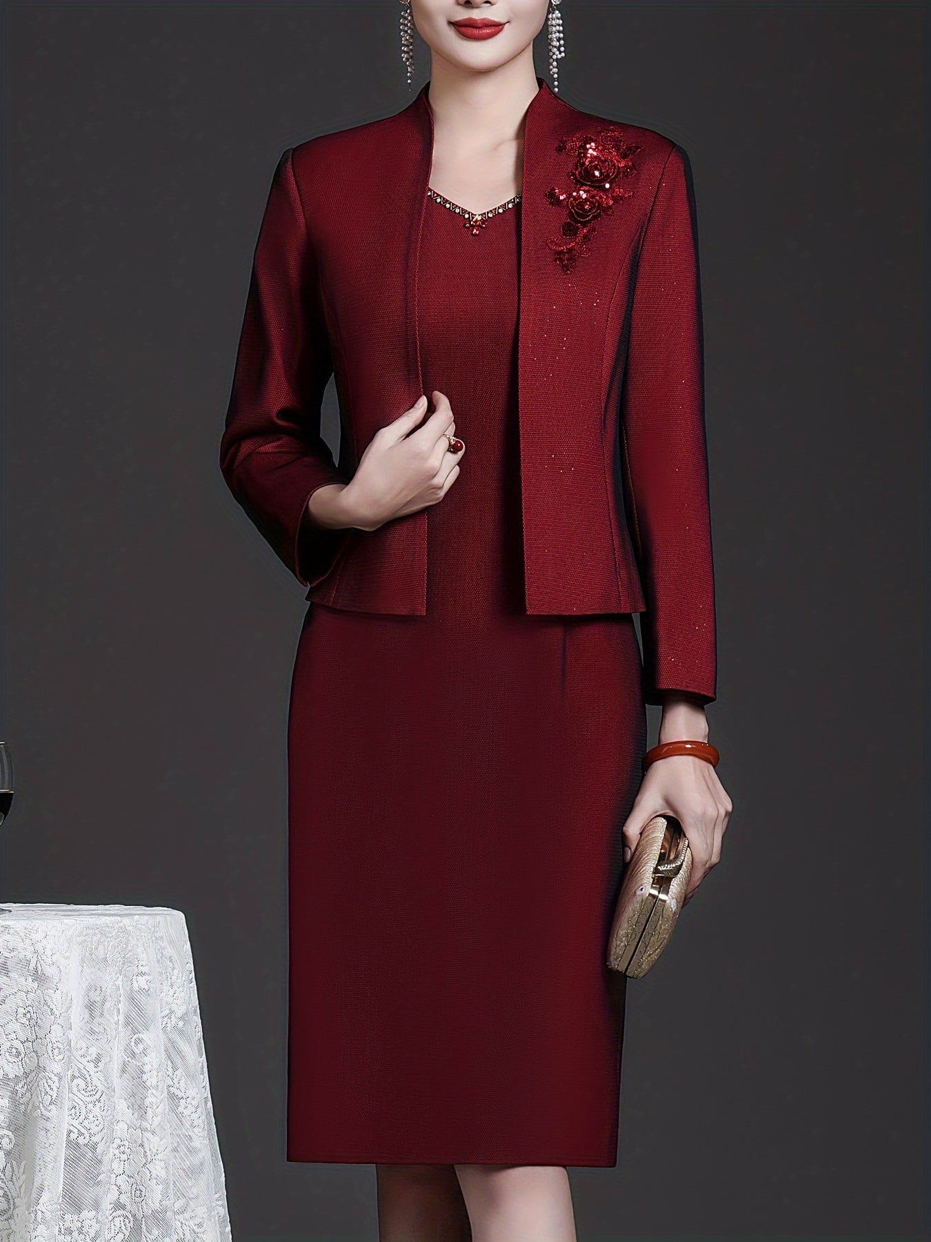 Two-piece Wine Red Elegant Dress Set,