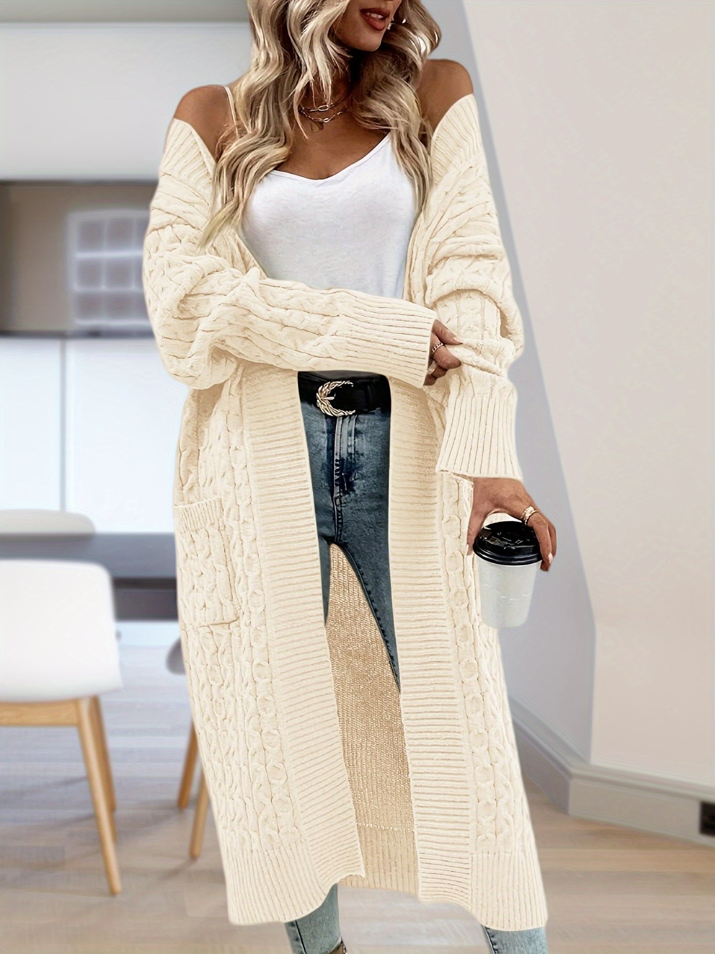 Long Womens Cable Knit Open Front Cardigan Sweater