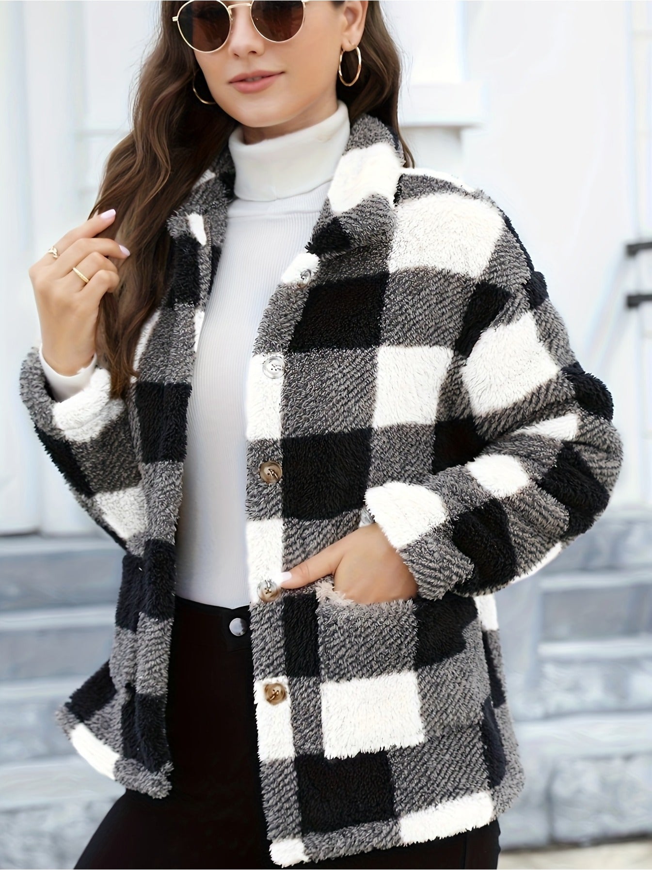 Plaid Patchwork Pocket Plush Coat