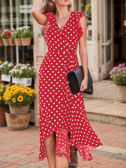 Women's A-Line Dot Polka Print Long Dress V-Neck Wedding Guest, Graduation, Party Maxi Dress