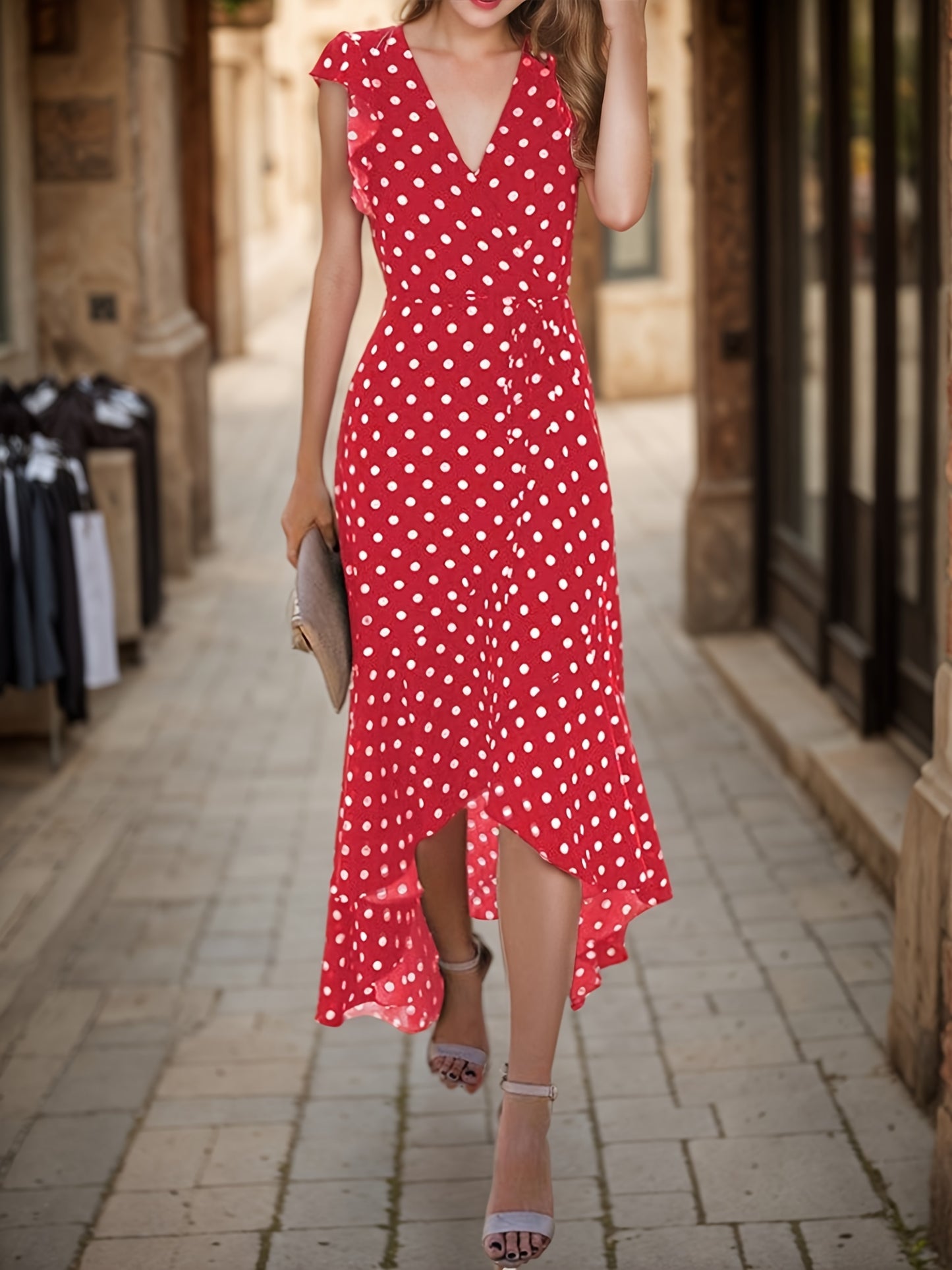 Women's A-Line Dot Polka Print Long Dress V-Neck Wedding Guest, Graduation, Party Maxi Dress