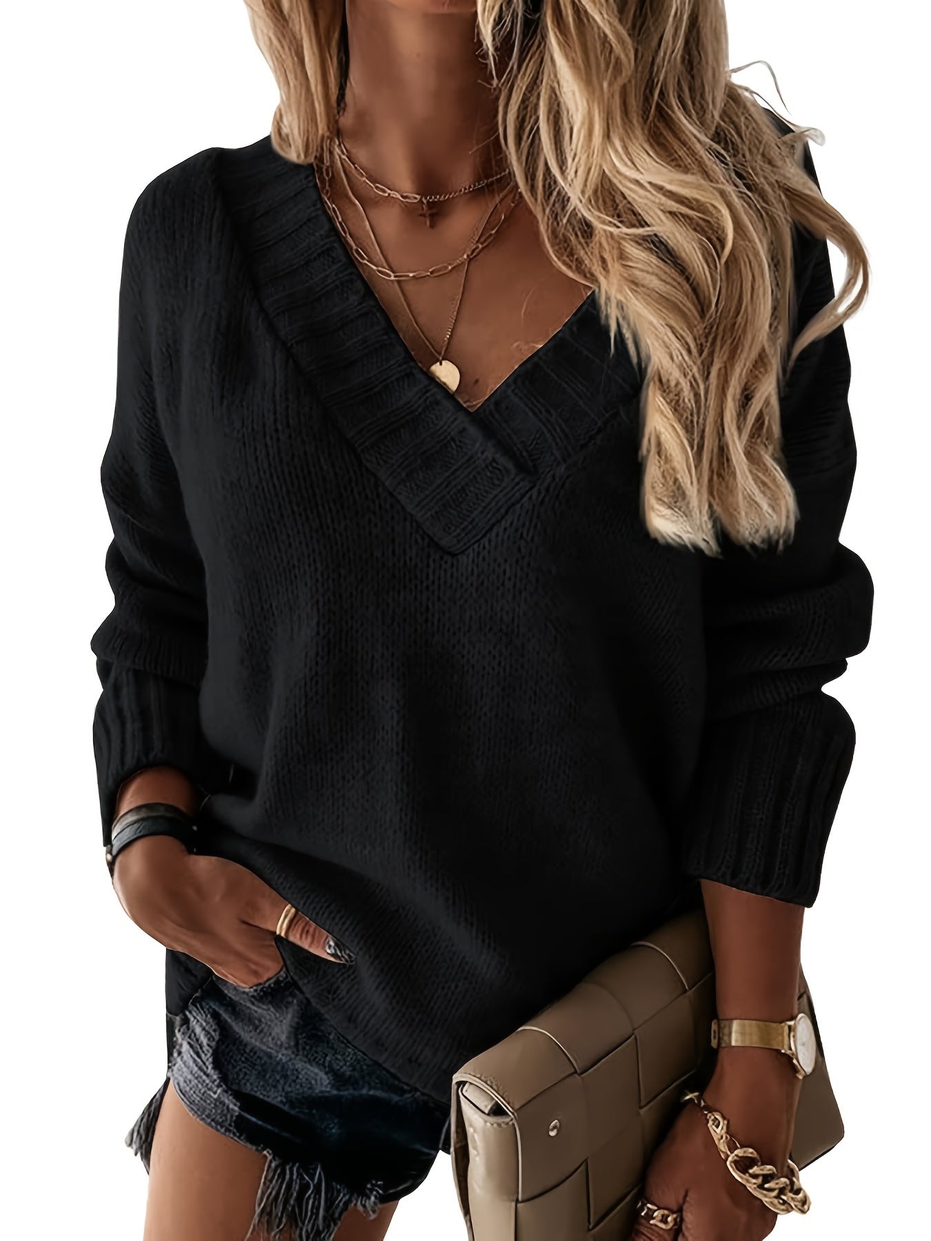 Solid Knitted Womens Sexy V Neck Loose Sweater