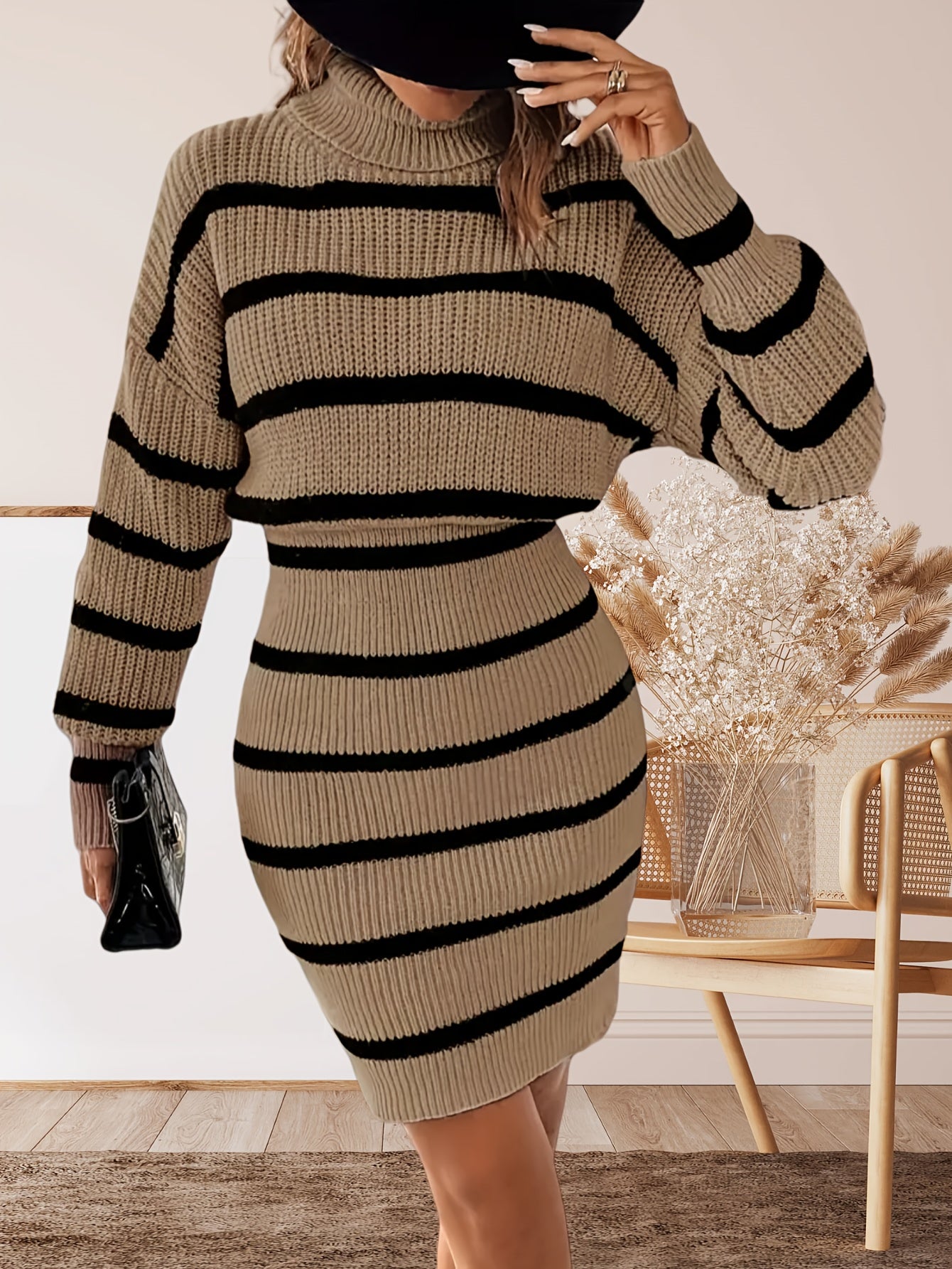 Cozy Striped Turtleneck Sweater Dress