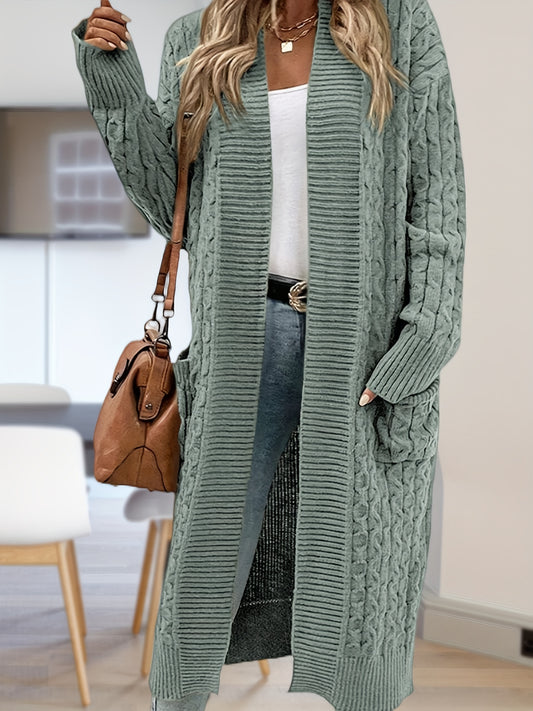 Long Womens Cable Knit Open Front Cardigan Sweater